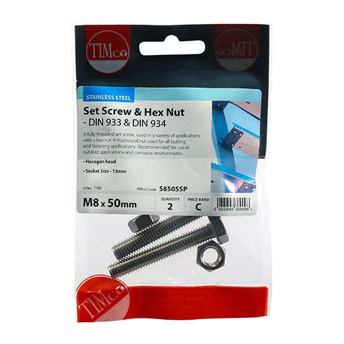 Set Screw & Hex Nut - A2 SS - M8 x 50 | TIMpac of 2