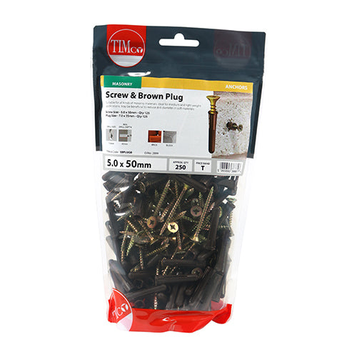 Screws & Brown Plastic Plugs - 35mm Brown Plug, 5.0x50 Screw | TIMpac of 15