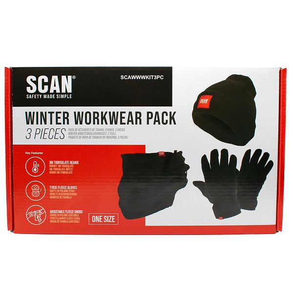 Scan winter workwear pack box with hat, gloves, and face mask on a white background