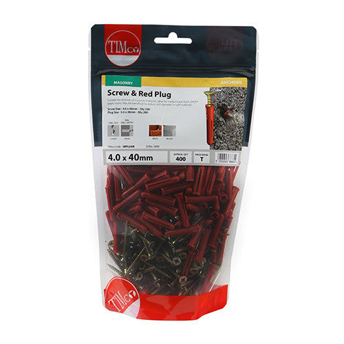 Screws & Red Plastic Plugs - 30mm Red Plug, 4.0x40 Screw | TIMpac of 25