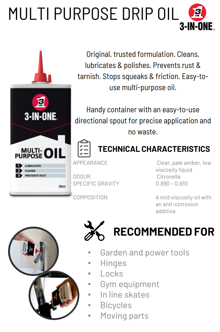 Product information card for 3-IN-ONE Multi Purpose Drip Oil on a white background