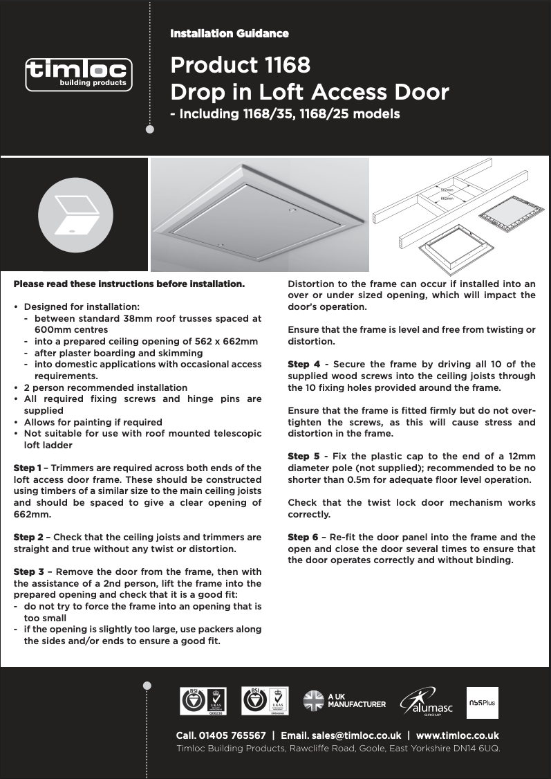 Timloc Loft Access Door - Drop-in - White - 1168 - 562 x 665mm
