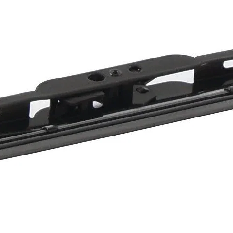 Close-up of a black automotive windshield wiper arm showing the blade attachment bracket and inner frame against a white background.