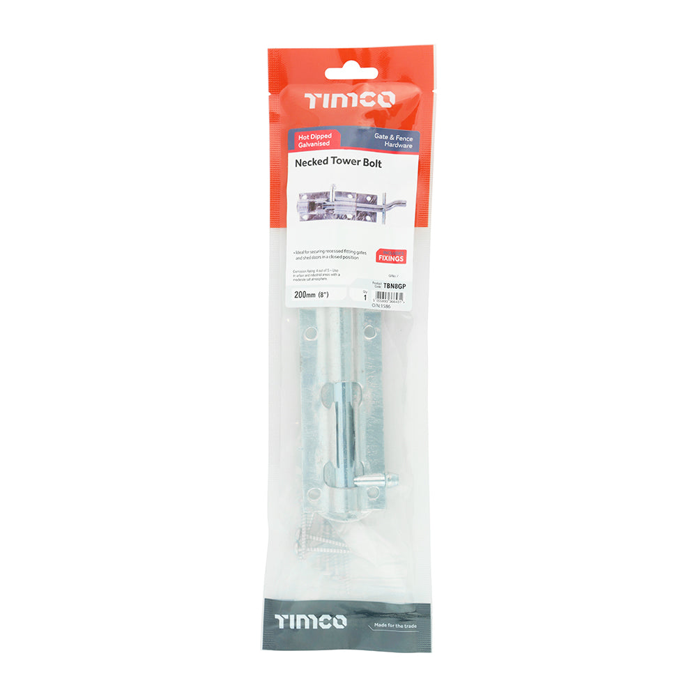 Necked Tower Bolt HDG - 8" | Plain Bag