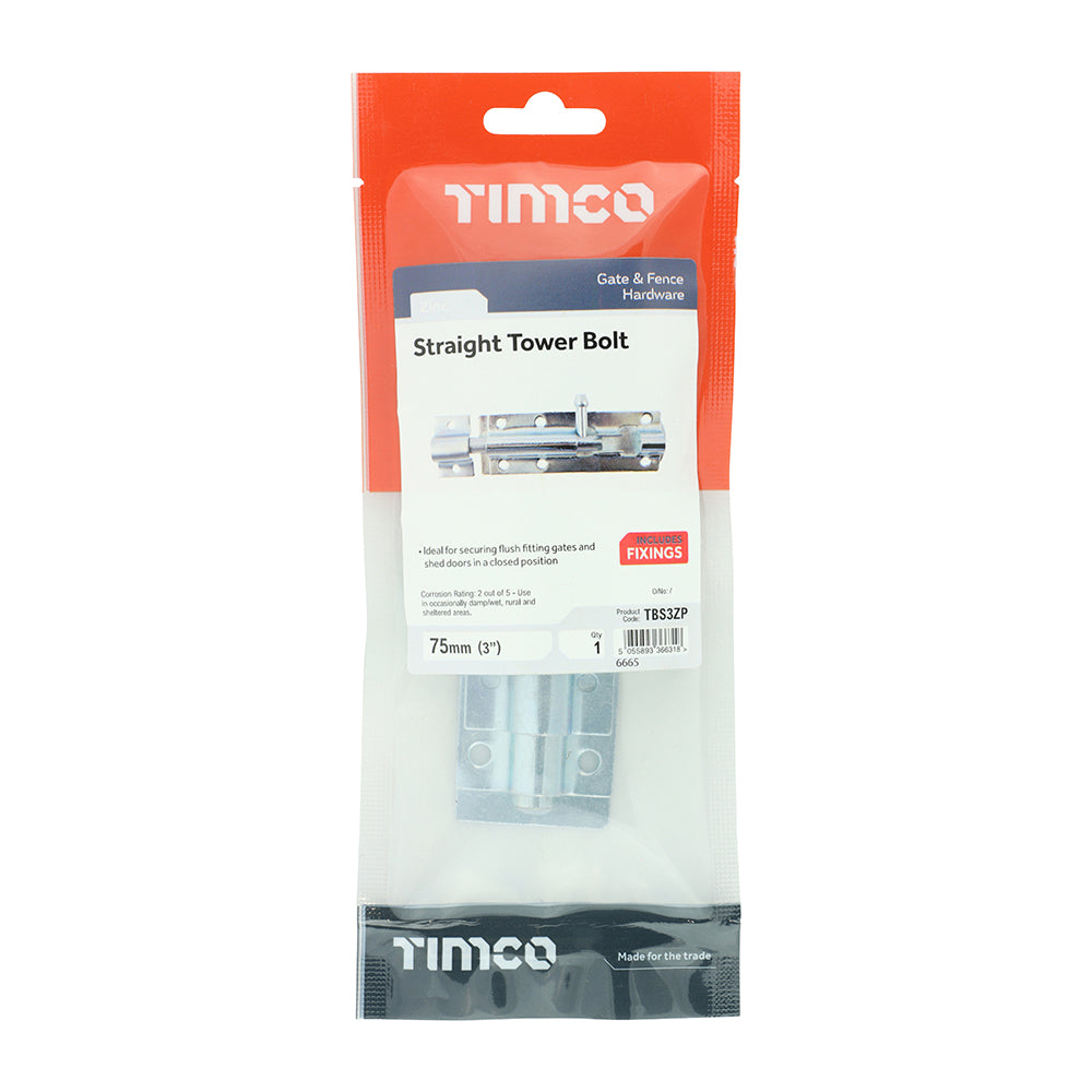 Straight Tower Bolt Zinc - 3" | TIMbag