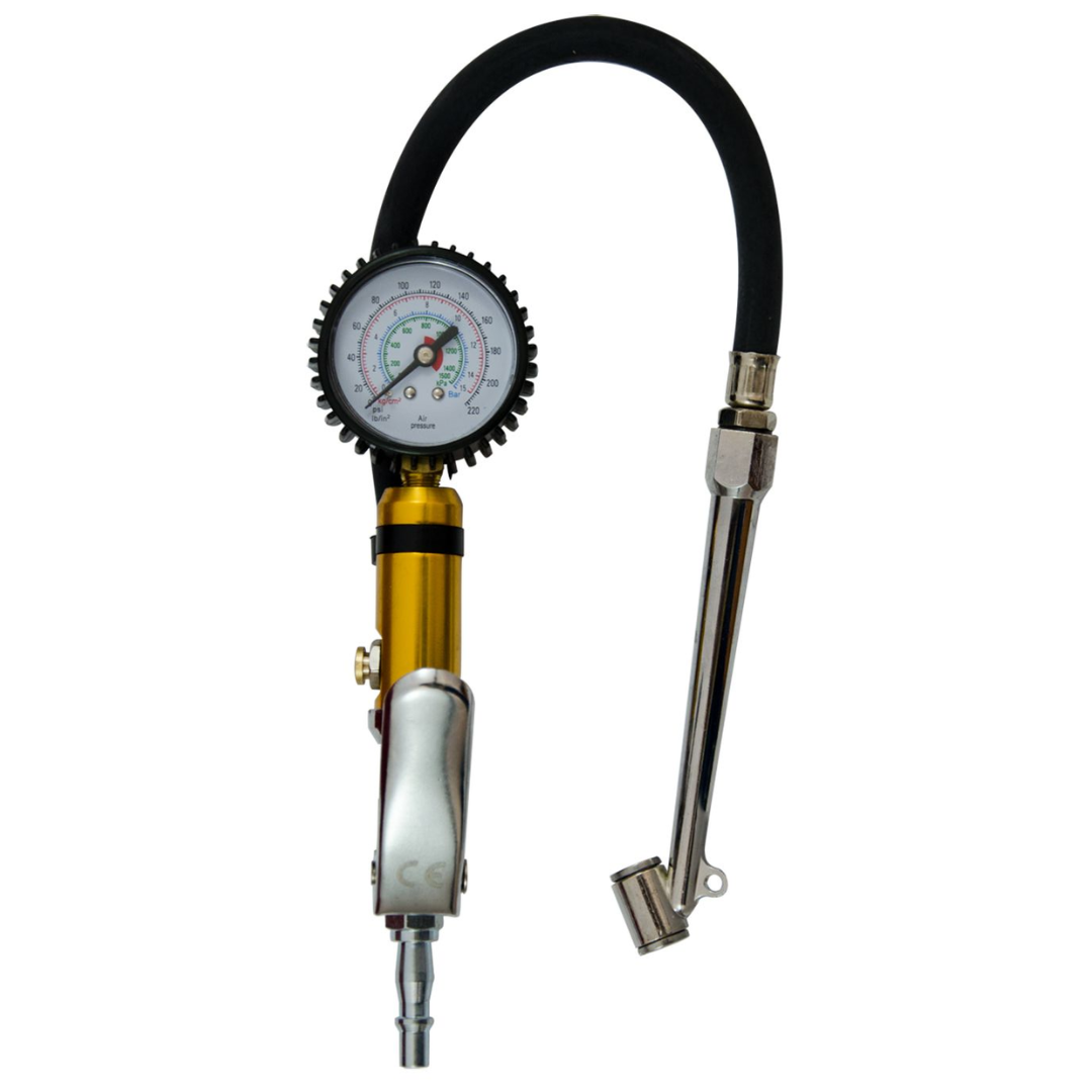 Tire pressure gauge with flexible hose on a white background