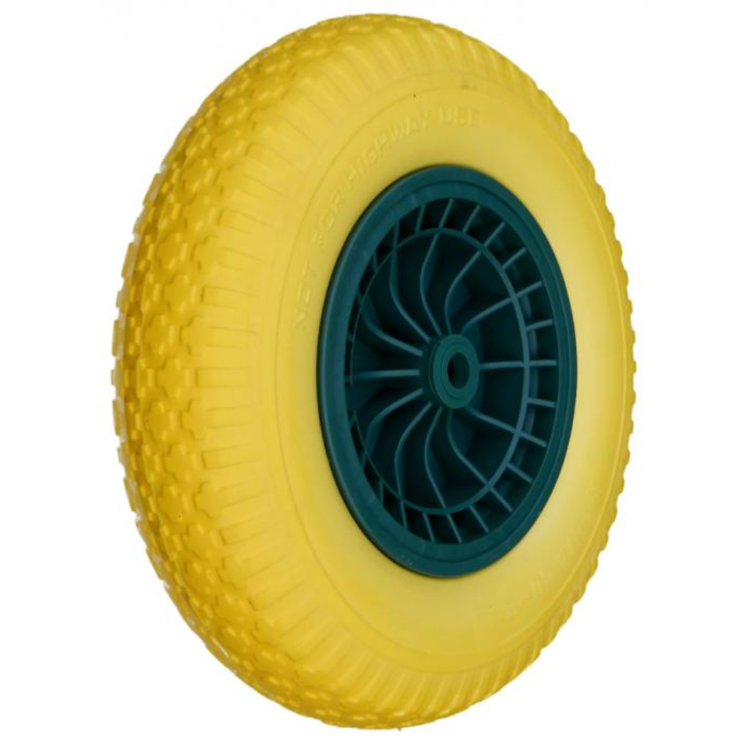 Yellow wheelbarrow wheel with green hub on a white background