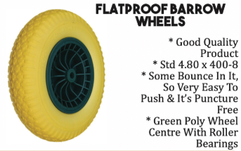 Yellow flatproof barrow wheel with text describing its features on a white background