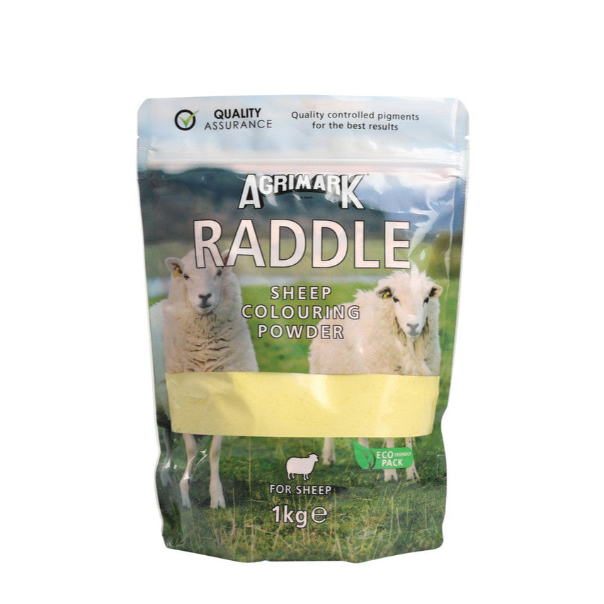 Agrimark Raddle sheep colouring powder packaging with sheep illustrations on a white background
