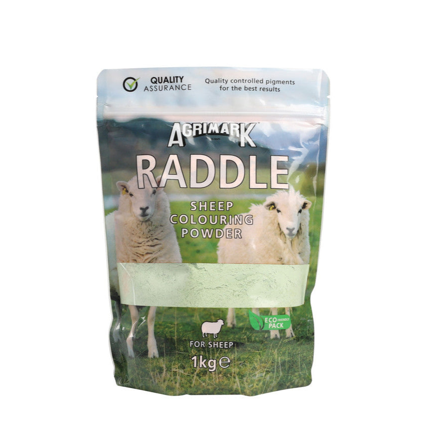 Agrimark Raddle sheep colouring powder packaging with sheep illustrations on a white background