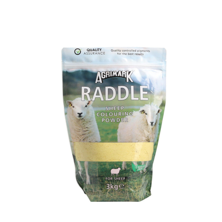 Bag of Agrimark Raddle sheep colouring powder with sheep imagery on a white background