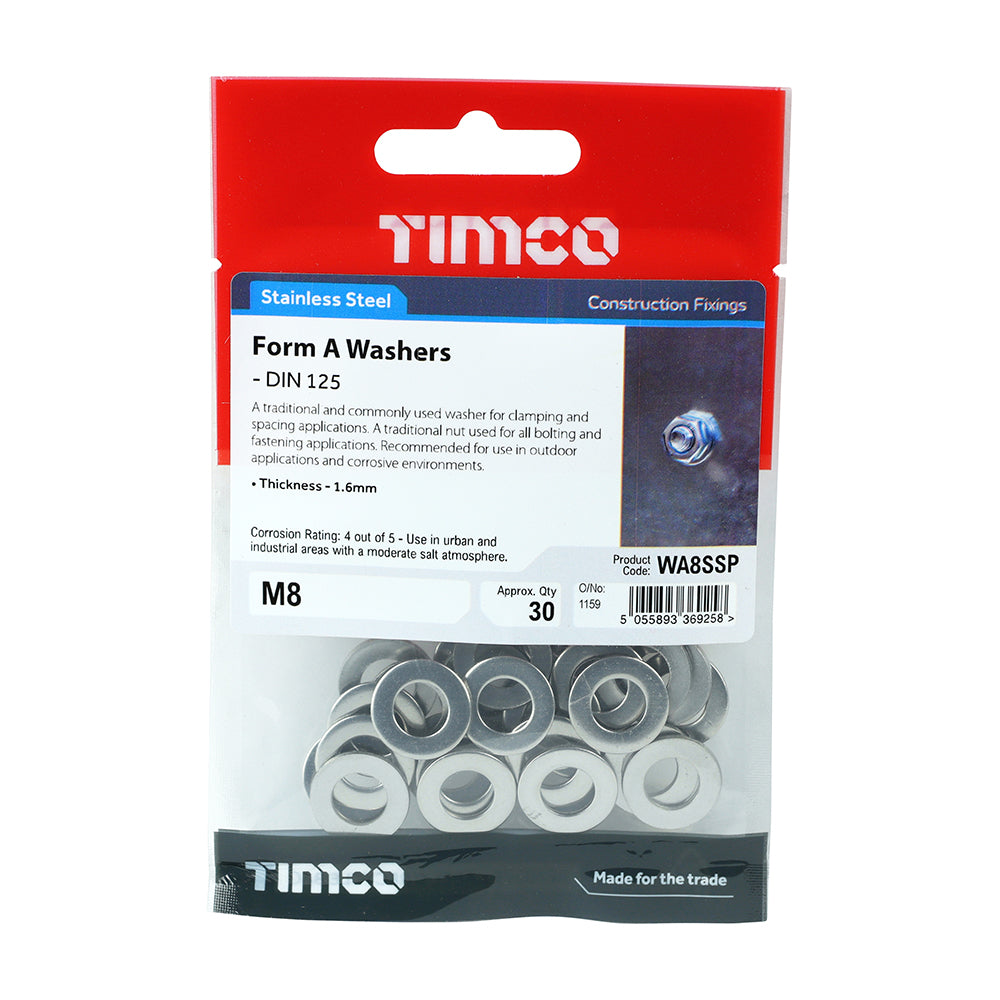 Form A Washer DIN 125 A2 SS - M8 | Bag of 20
