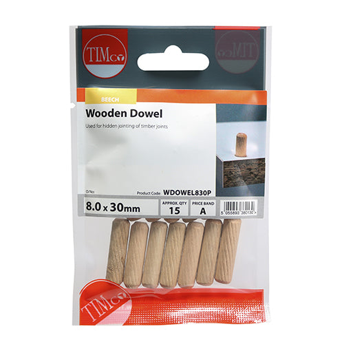 Wooden Dowels - 8.0 x 30 | TIMpac of 15