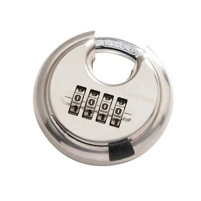 Metallic combination lock on a white background