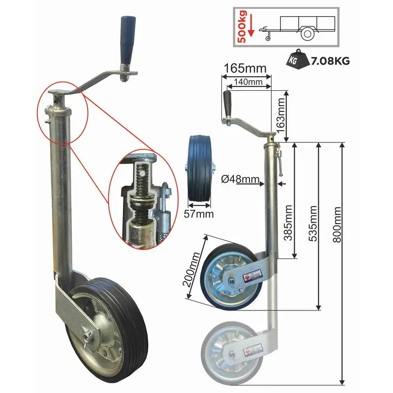 Gwaza Jockey Wheel HD IW Style no Clamp 48mm N.W.L 500kg