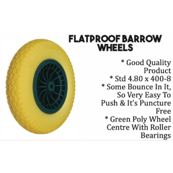 Yellow flatproof barrow wheel with text describing its features on a white background