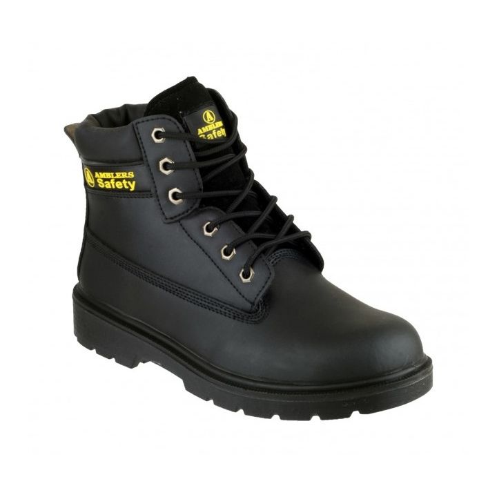 A black safety boot with a steel toe cap and midsole protection, featuring a smooth leather upper, padded ankle collar, and lace-up closure with hexagonal eyelets.