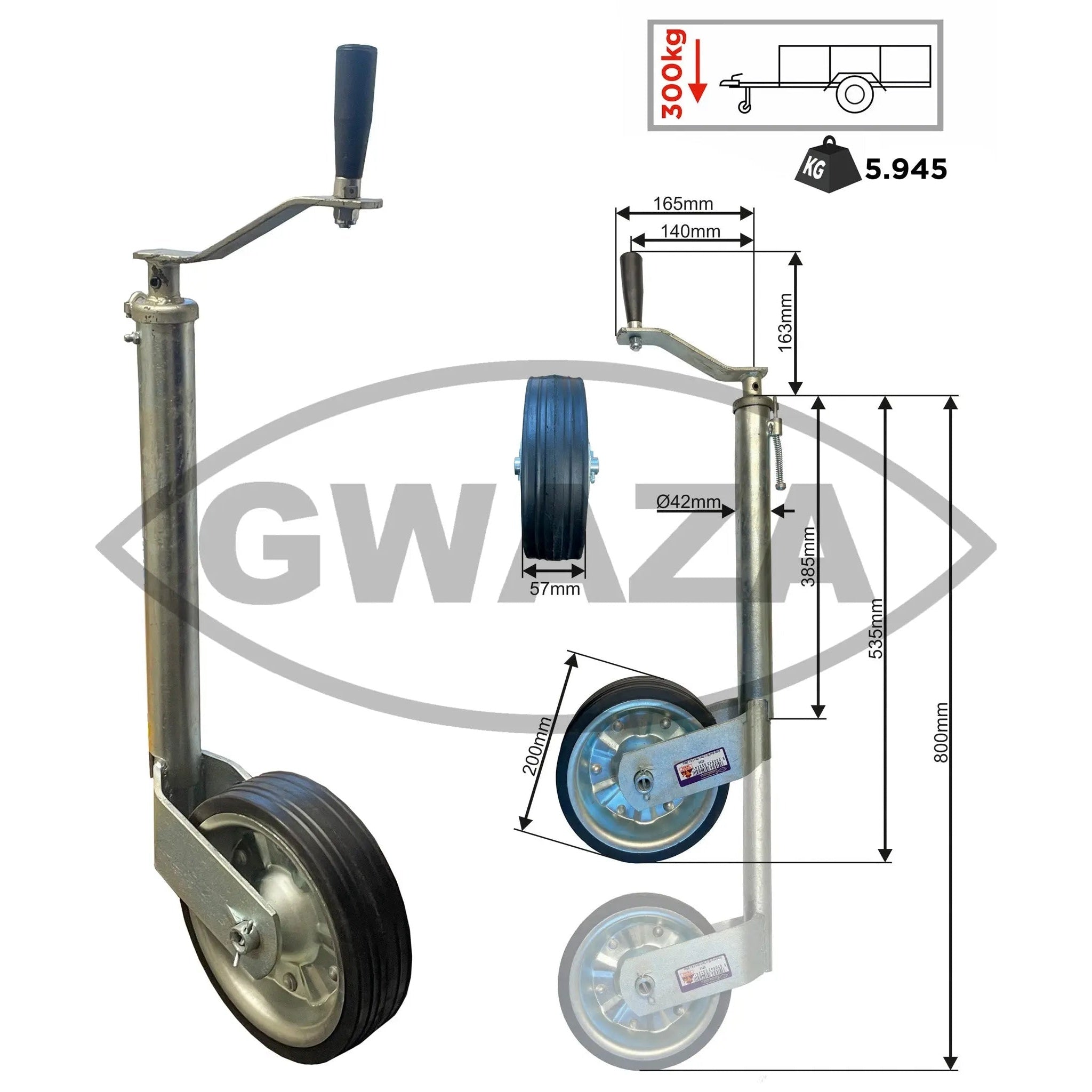 Gwaza Jockey Wheel HD no Clamp 42mm N.W.L 300kg