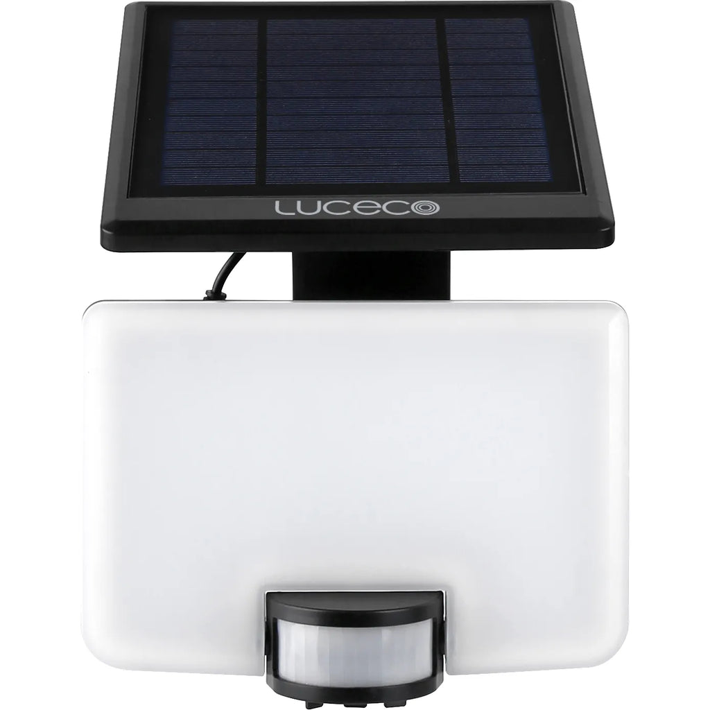 Solar-powered outdoor light with motion sensor on a white background, branded Luceco.