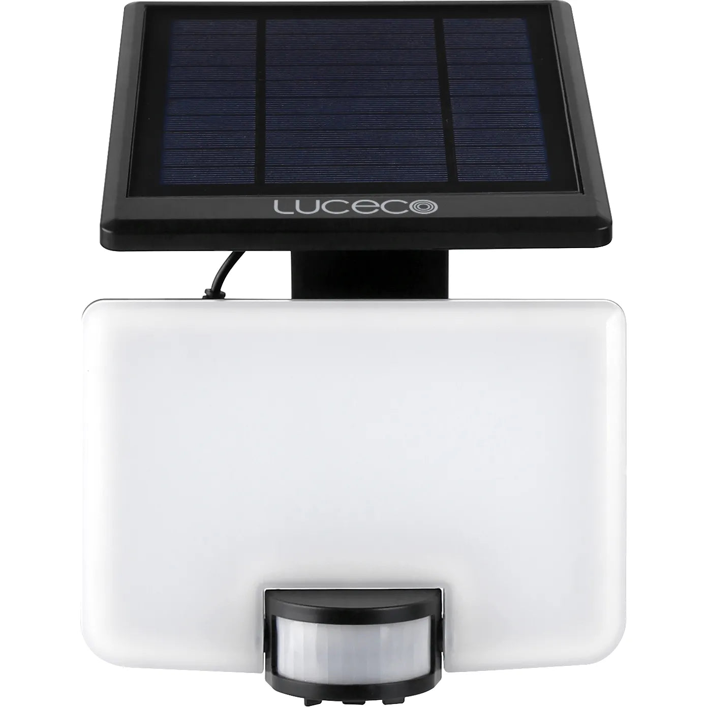 Solar-powered outdoor light with motion sensor on a white background, branded Luceco.