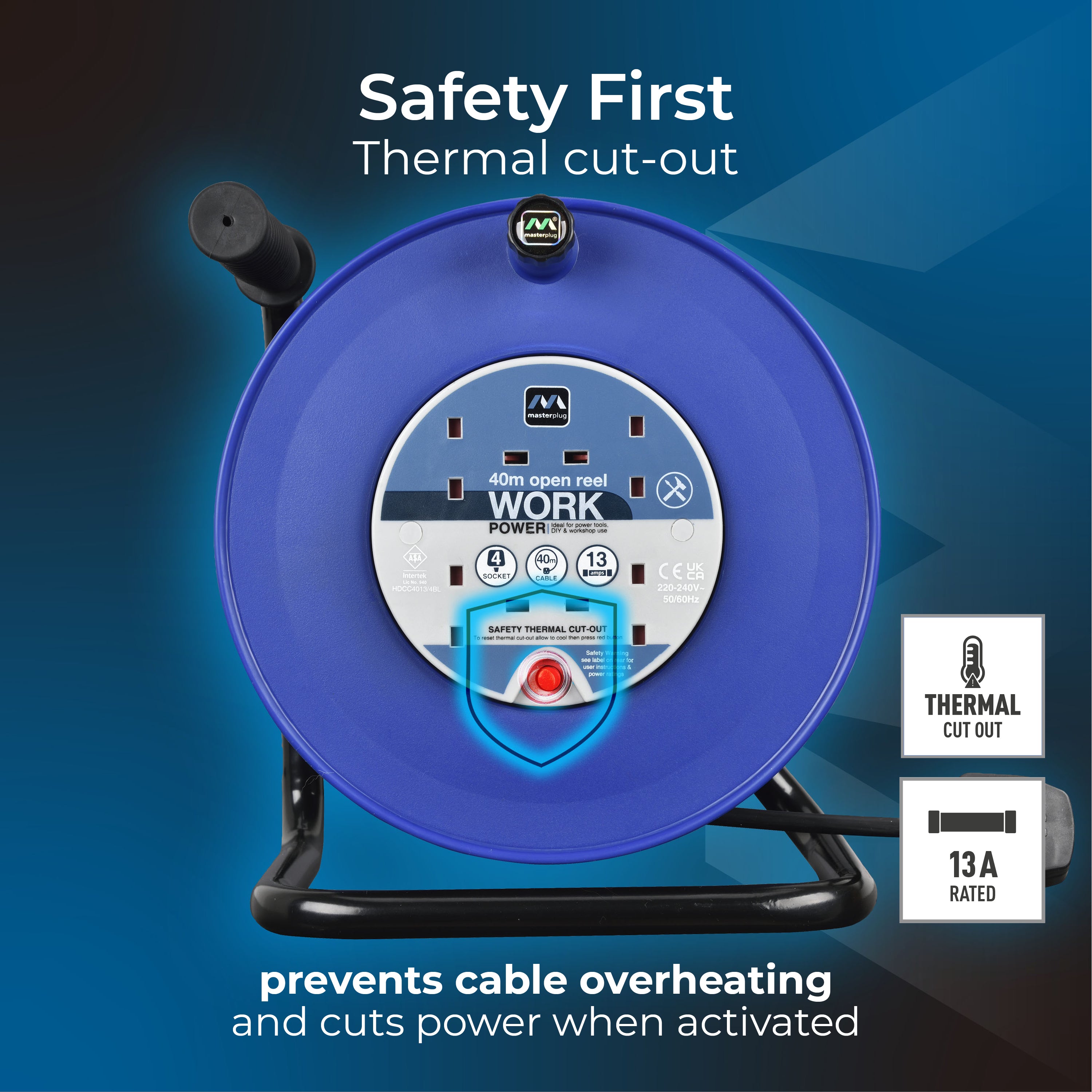 Masterplug 4 Plug Open Cable Extension Reel 40 Metres