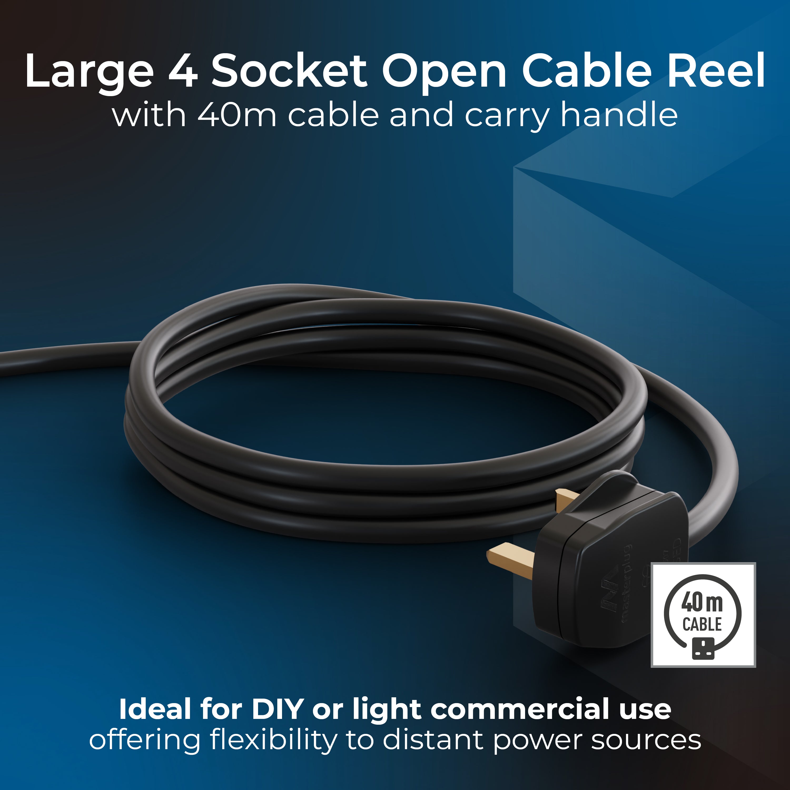 Masterplug 4 Plug Open Cable Extension Reel 40 Metres