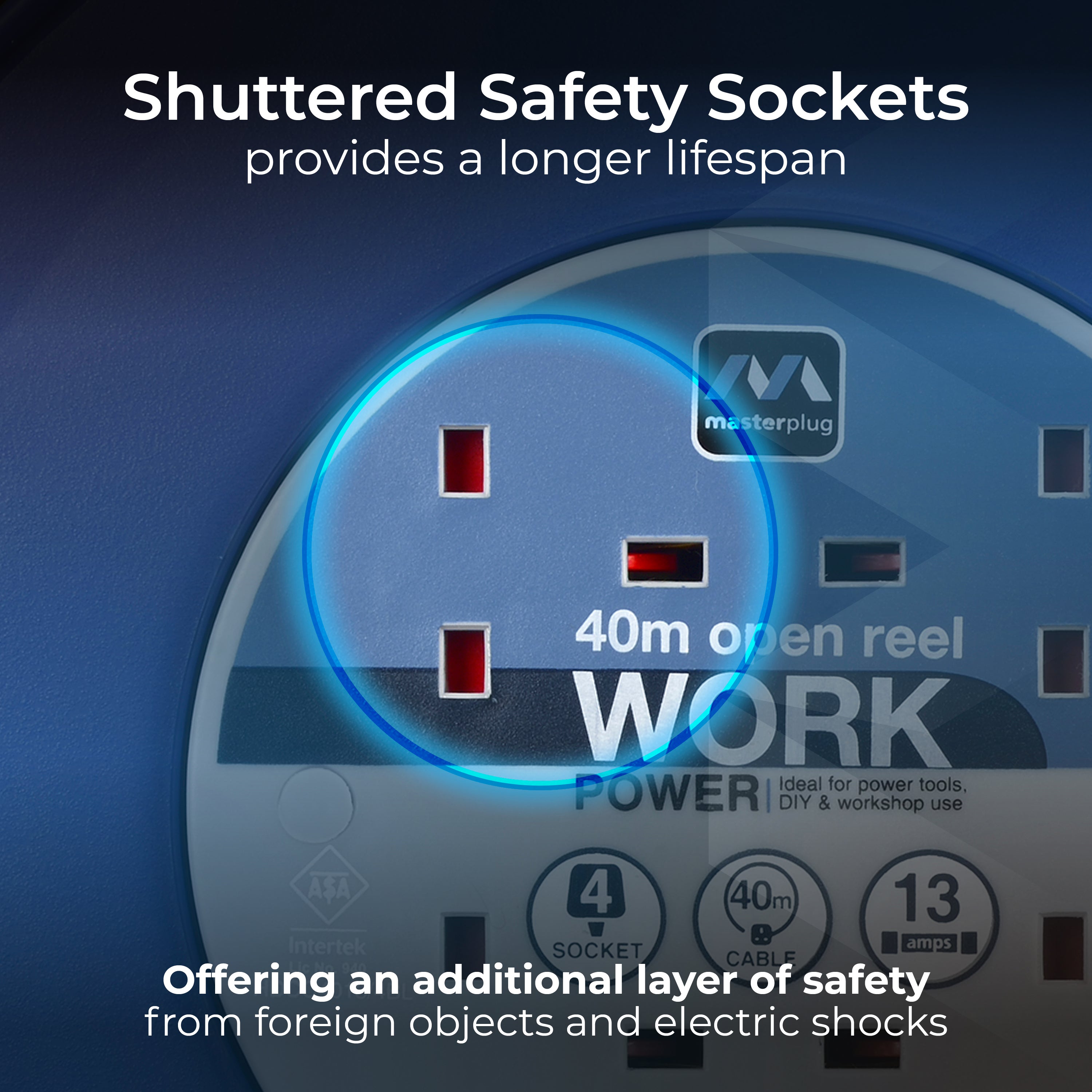 Masterplug 4 Plug Open Cable Extension Reel 40 Metres
