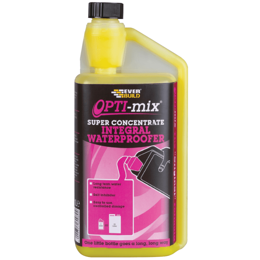 Yellow bottle of Opti-mix Super Concentrate Integral Waterproofer on a white background