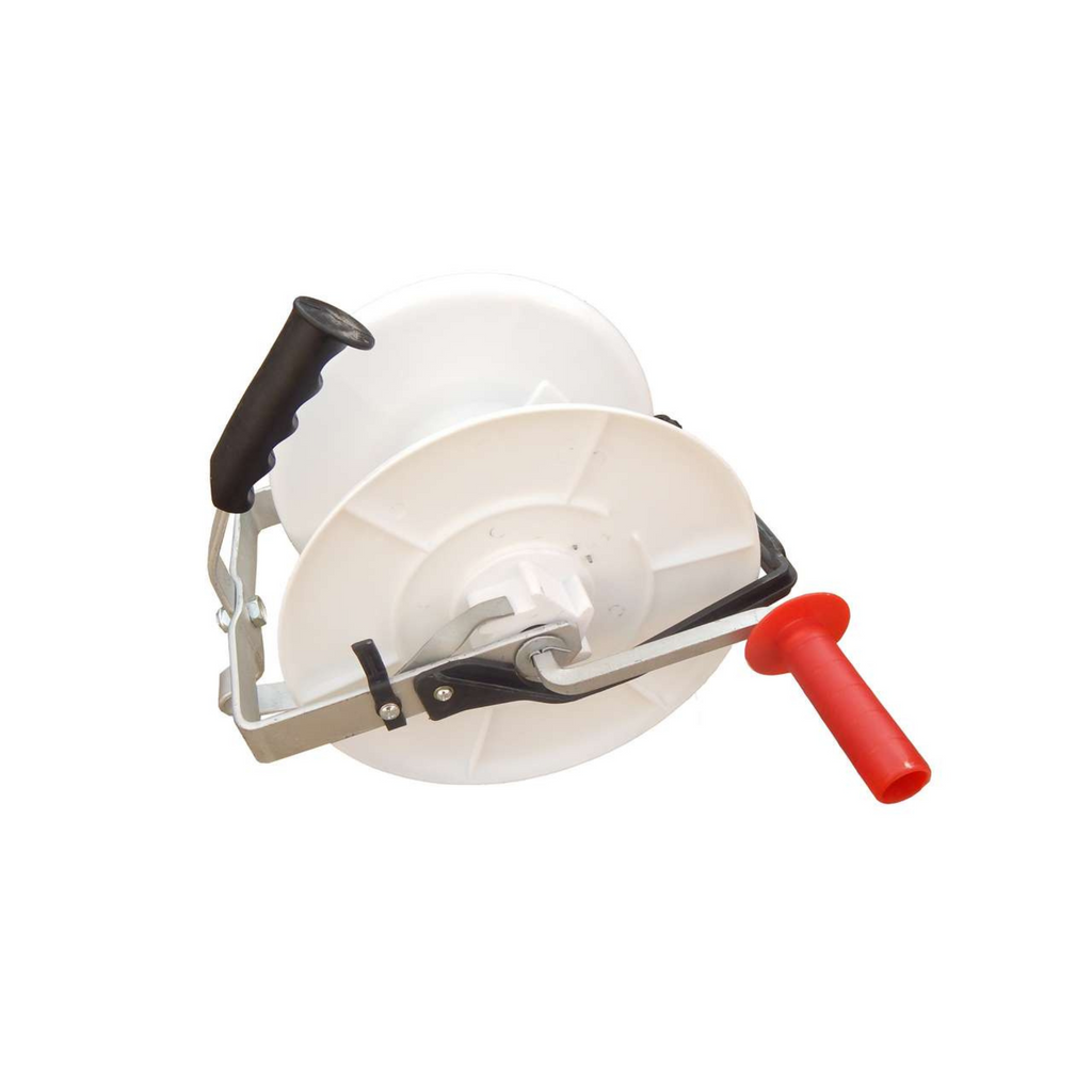 A white and black plastic paint strainer with a black handle and a red handle.