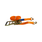 Orange ratchet strap with a metal buckle on a white background